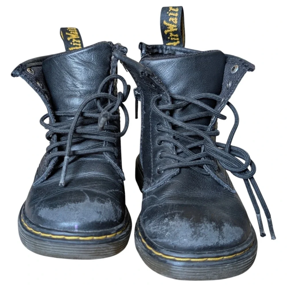 Dr Martens 1460‎ T Black Leather Ankle Boots Kids US 9 UK 8 Zip Up Lace Up